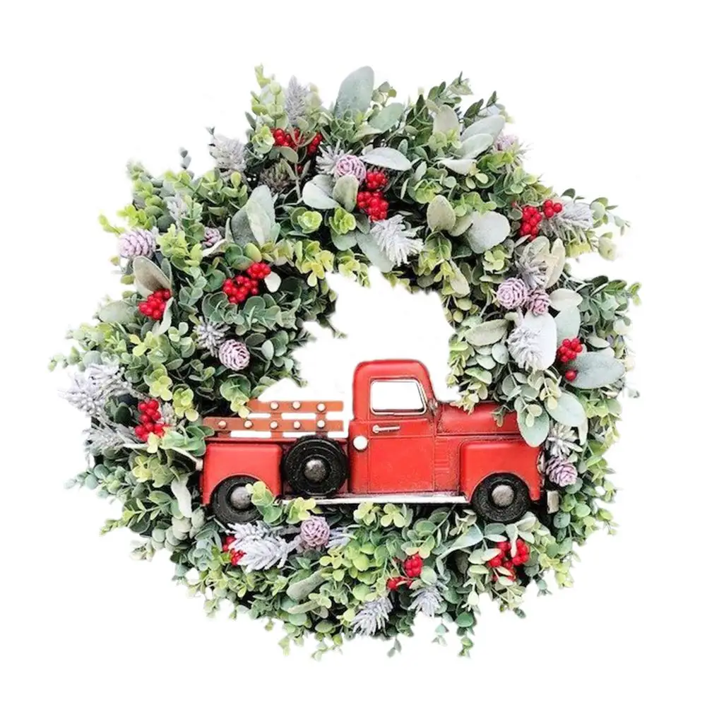 

Красный Рождественский венок для грузовика, винтажный венок для фермерского дома с соснами, красными ягодами, зелеными стеблями эвкалипта ...