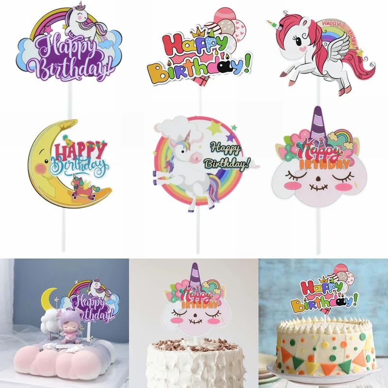 

1Pc Happy Birthday Cake Topper Cute Unicorn Moon Acrylic Cake Top Flag for Wedding Birthday Party Dessert Decoration Baby Shower