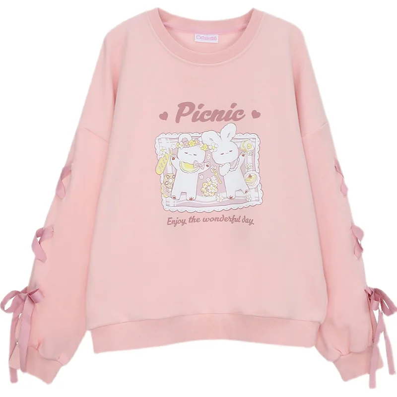 

Winter Kawaii Bunny Women Hoodies Lolita Pink Long Sleeve Fleece Sweatshirt Print Sweet Cute Girl Rabbit Anime Graphic Pullover