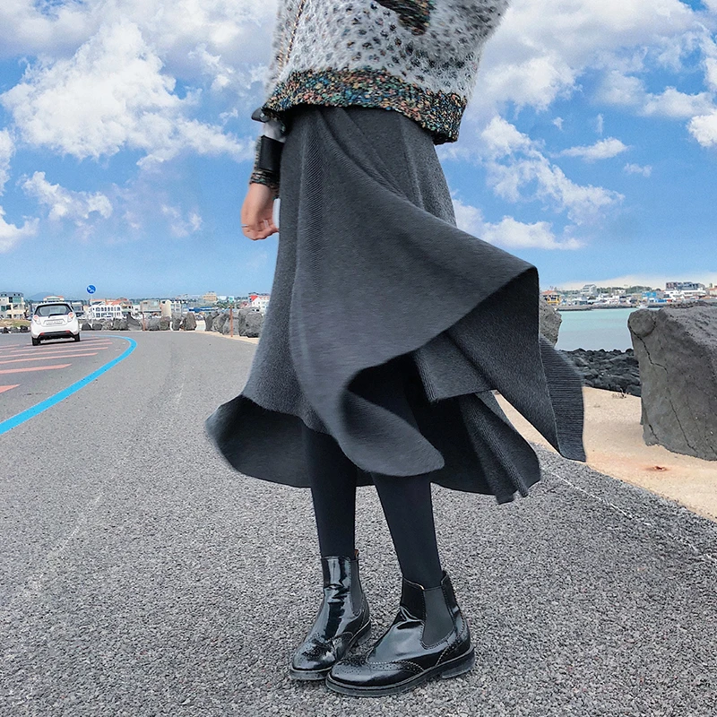 Женские вязаные юбки, осень и зима, новинка, ретро стиль, a-lineskirt, высокая талия, длинная юбка, черный, серый, хаки, нестандартная плиссированная юбка