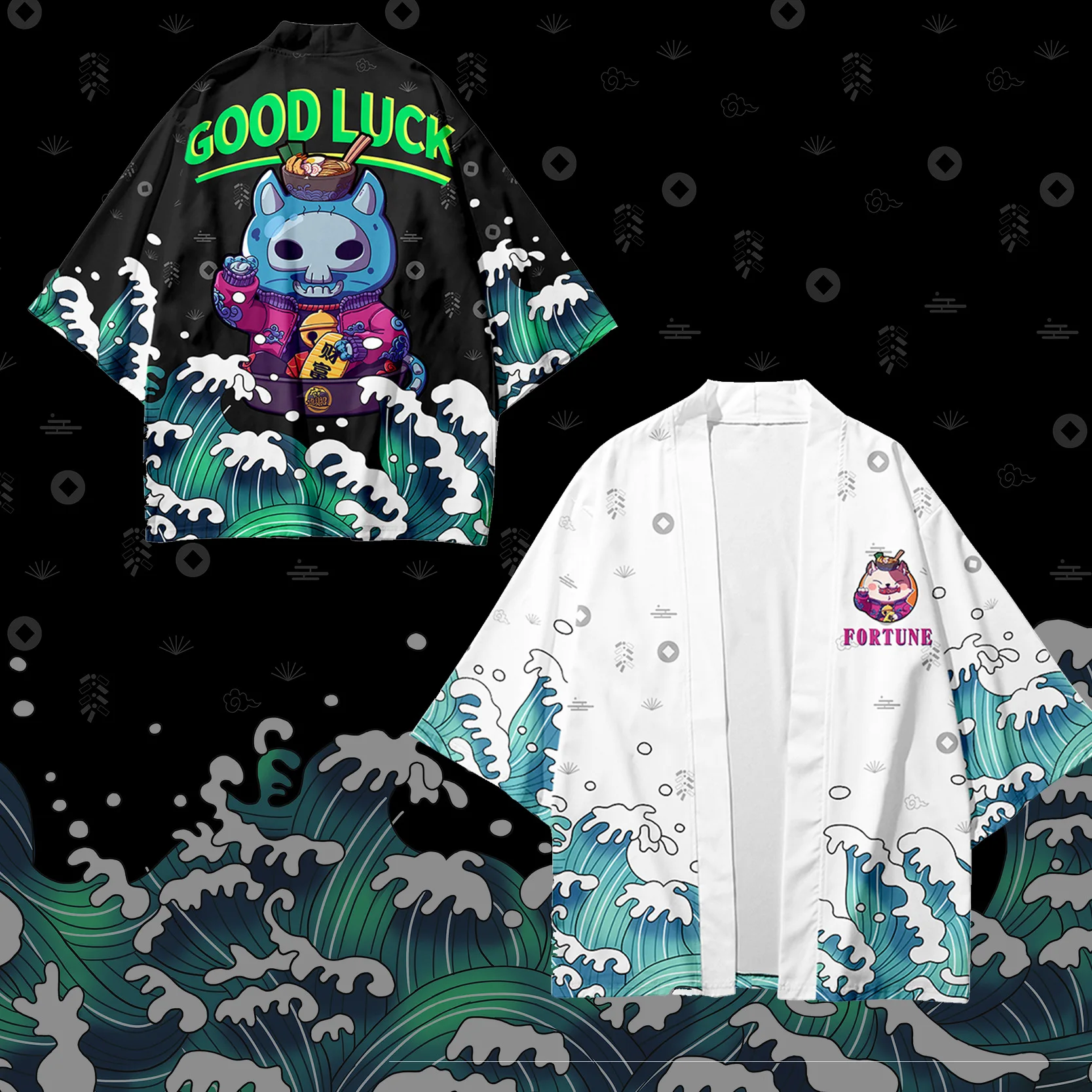 

Большой размер 6XL, счастливый кот, печатный японский пляжный женский костюм, уличная одежда, мужской женский кардиган, японская одежда в сти...