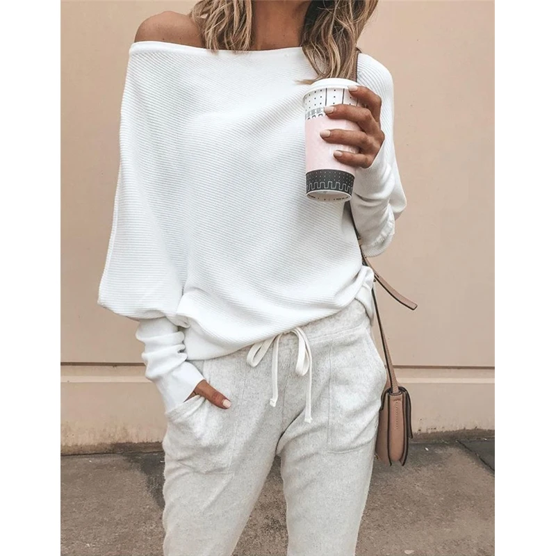 

Fashion Tee Shirt Femme Autumn Sexy Off The Shoulder Long Sleeve Tops For Women T-Shirt Casual One Shoulder Rib Tops