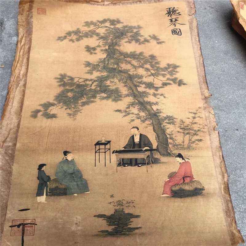 

Chinese Old Scroll 《Listening To Piano Chart》 Painting Rice Paper