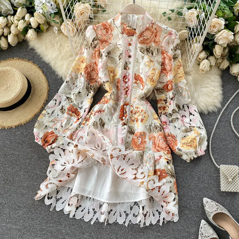

Women's spring autumn vintage hollow out long sleeve lace dress female sexy print chic dress TB1087