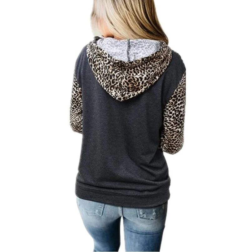 Half Zip Pullover Sweatshirt Women Drawstring Color Block Patchwork Hoodie Pocket Poleron 2021 Casual Wear Hoodie Leopard Print