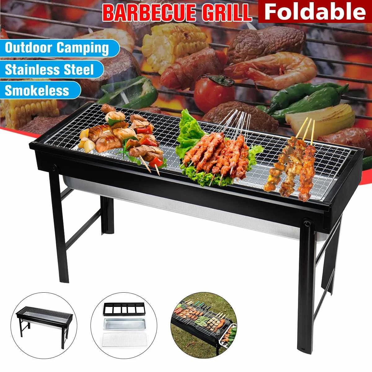 

Foldable BBQ Grills Patio Barbecue Charcoal Grill Stove Stainless Steel Outdoor Camping Picnic Barbecue BBQ Accessories Tools