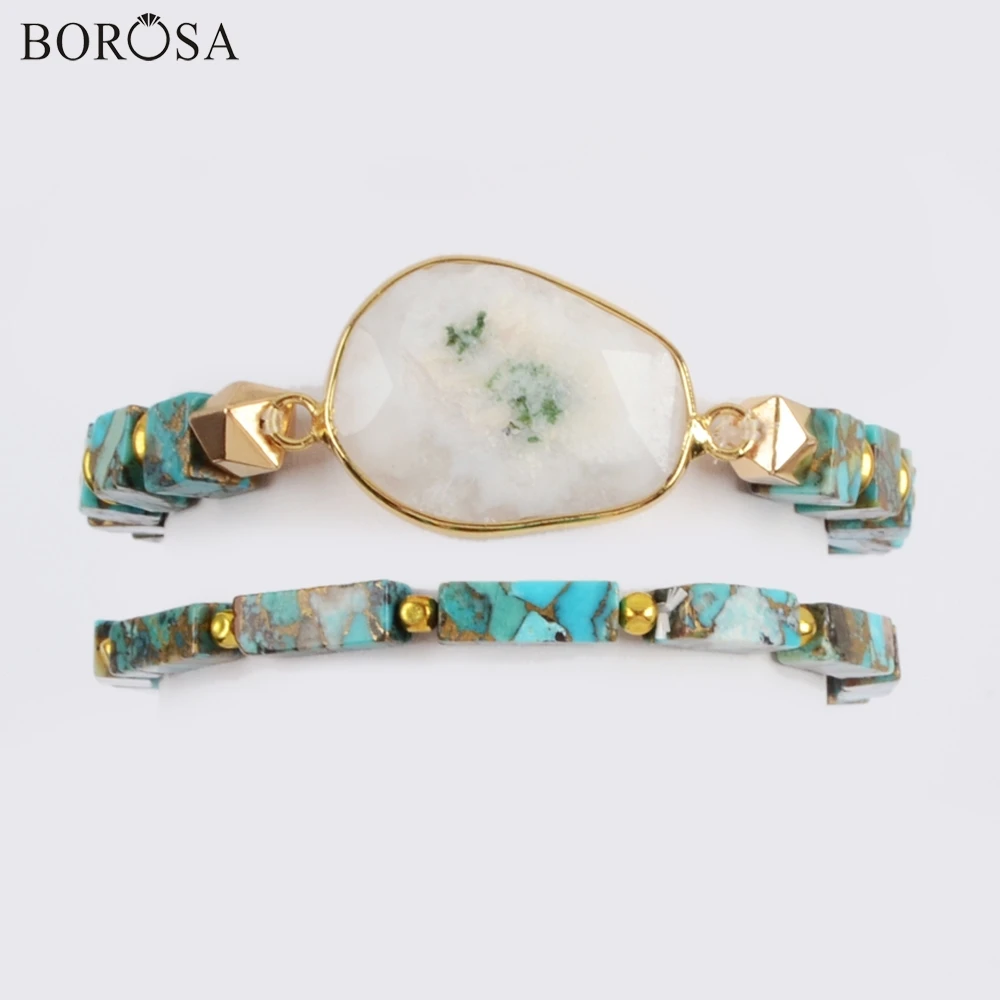 BOROSA 3/5 комплектов Новое поступление позолоченный натуральный Солнечный Кварц с квадратным и прямоугольным Купером бусины браслет; Комплект бижутерии G1824