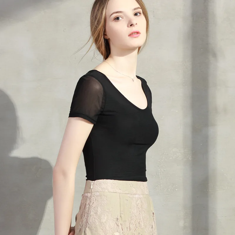 

Mesh short sleeve T-shirt women's summer new round neck Korean solid color women's wear bottom shirt