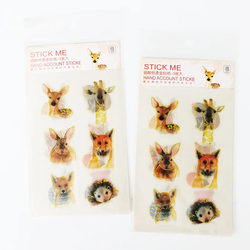 

3 Sheets /Pack Golden Stamping Animals Dog Fox Deer Rabbit Paper Decorative Diary Handbook Decoration