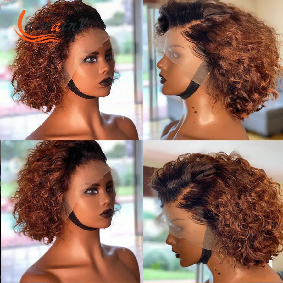 

Kinky Curly Ombre Honey Blonde Pixie Short Cut Bob Swiss Transparent Lace Frontal Human Hair Wigs PrePlucked Bleached Knots13X2