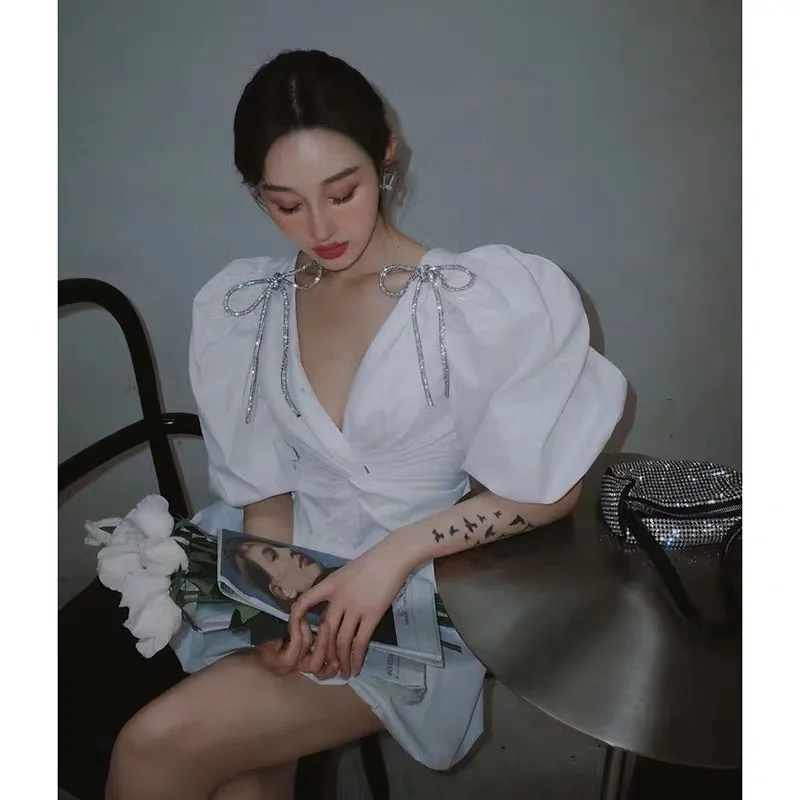

High Quality Korean Bowknot Woman Dress V Neck Puff Sleeve Plus Size Loose Mini Sexy Dresses Female White Ladies Dresses Summer