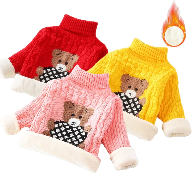 

Plus Velvet Thick Warm Winter Girls Sweater Stretch Cotton Bear Knitted Bottoming Turtleneck Children Birthday Present Clothes