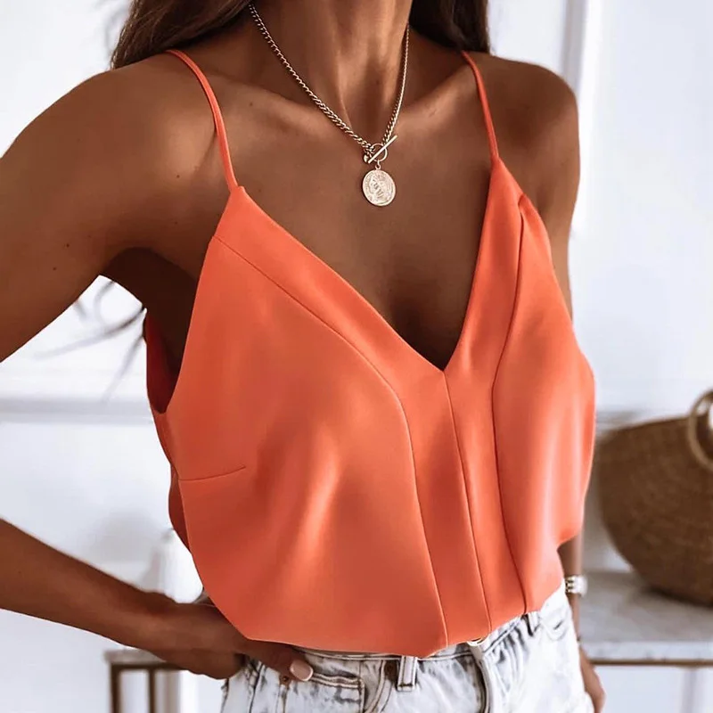 

Summer Loose Streetwear Women Tops Blusa Sexy Deep V Neck Elegant Office Lady Blouse Spring Casual Solid Sleeveless Sling Shirts