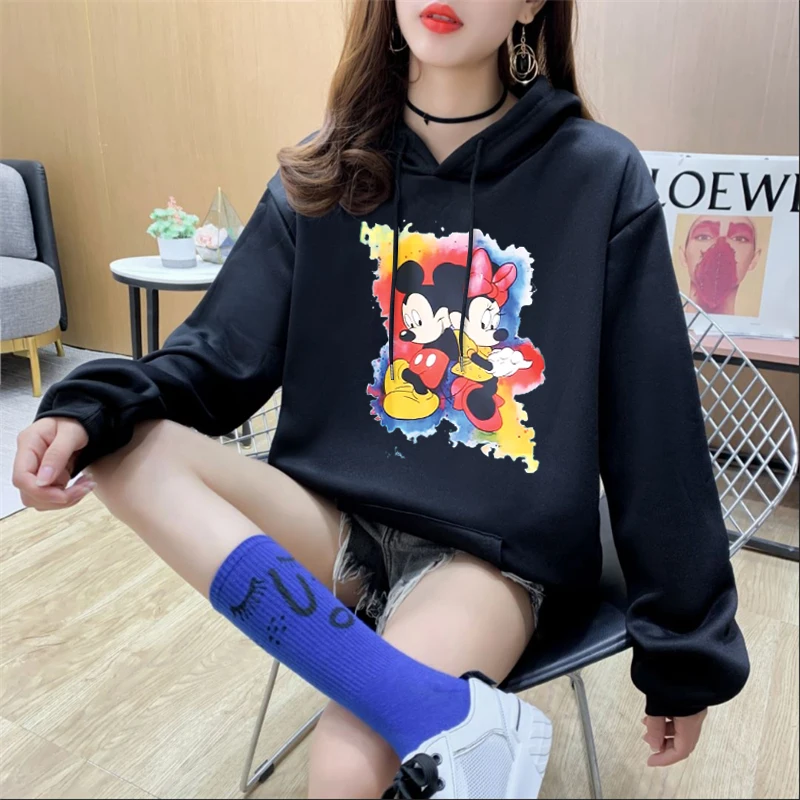 

Disney Minnie Mouse Hooded Sweatshirt Printed Long Sleeve Mickey Mouse Hoodies Female Anime Thick Warm Pocket Pullovers Top Fall
