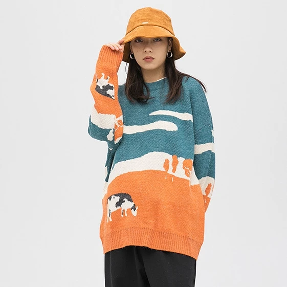 TEDSN 2021 Мужской винтажный зимний свитер из коровьей кожи пуловер с круглым вырезом