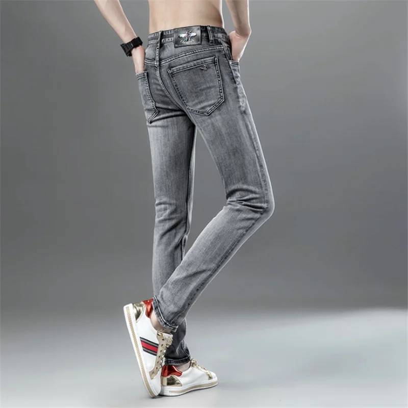 

Spring and summer metal bee personality animal elements hand-painted gradient color craft light gray slim creative jeans
