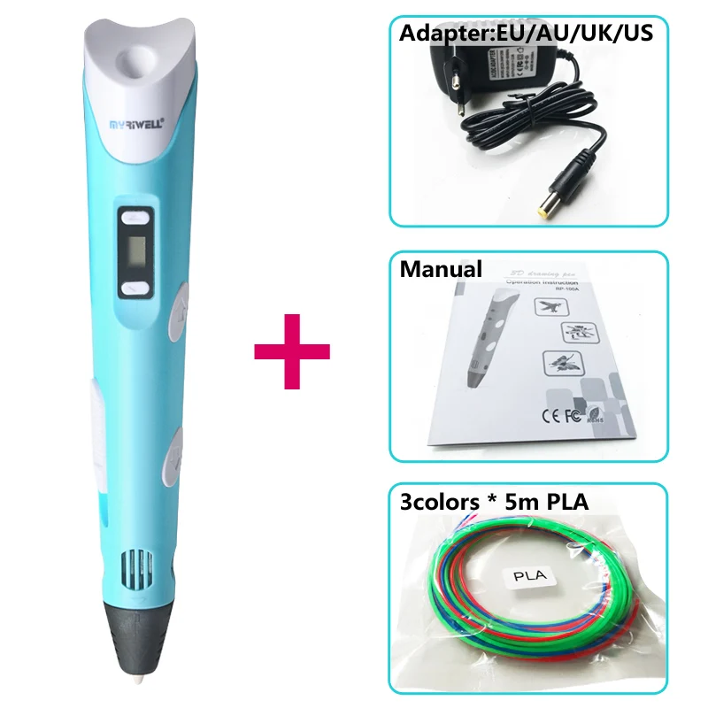 Blue Myriwell 3d ручки, светодиодный дисплей, ABS/PLA нити, 3 d ручка, Смарт 3d ручка с принтом, лучший подарок для детей - Цвет: Blue