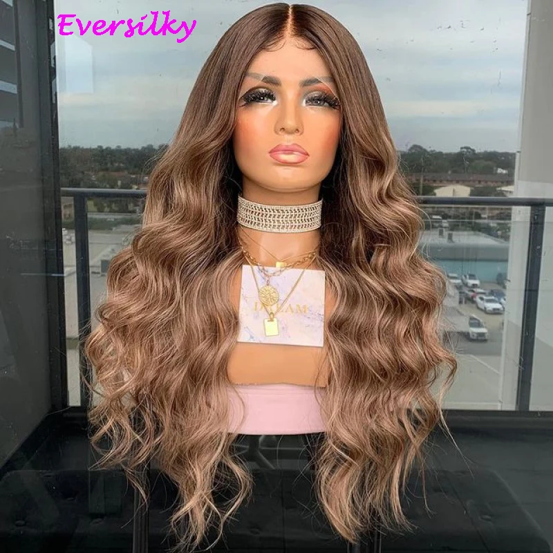 

Хайлайтер темно-коричневые натуральные волнистые передние парики из человеческих волос на сетке, 360 фронтальный парик для женщин, предвари...