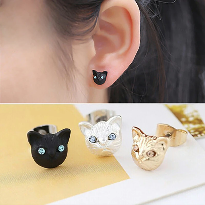 

Korea exquisite cute cat earrings inlaid with rhinestone black cats golden cat earrings creative fashion earrings jewelry