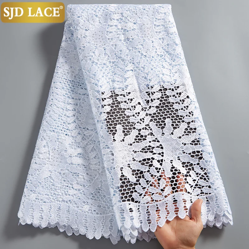 

SJD LACE 5Yards Eyelet Water Soluble African Lace Fabric With Stones Guipure Cord Net Tissue High Quality Dress Materials A2514