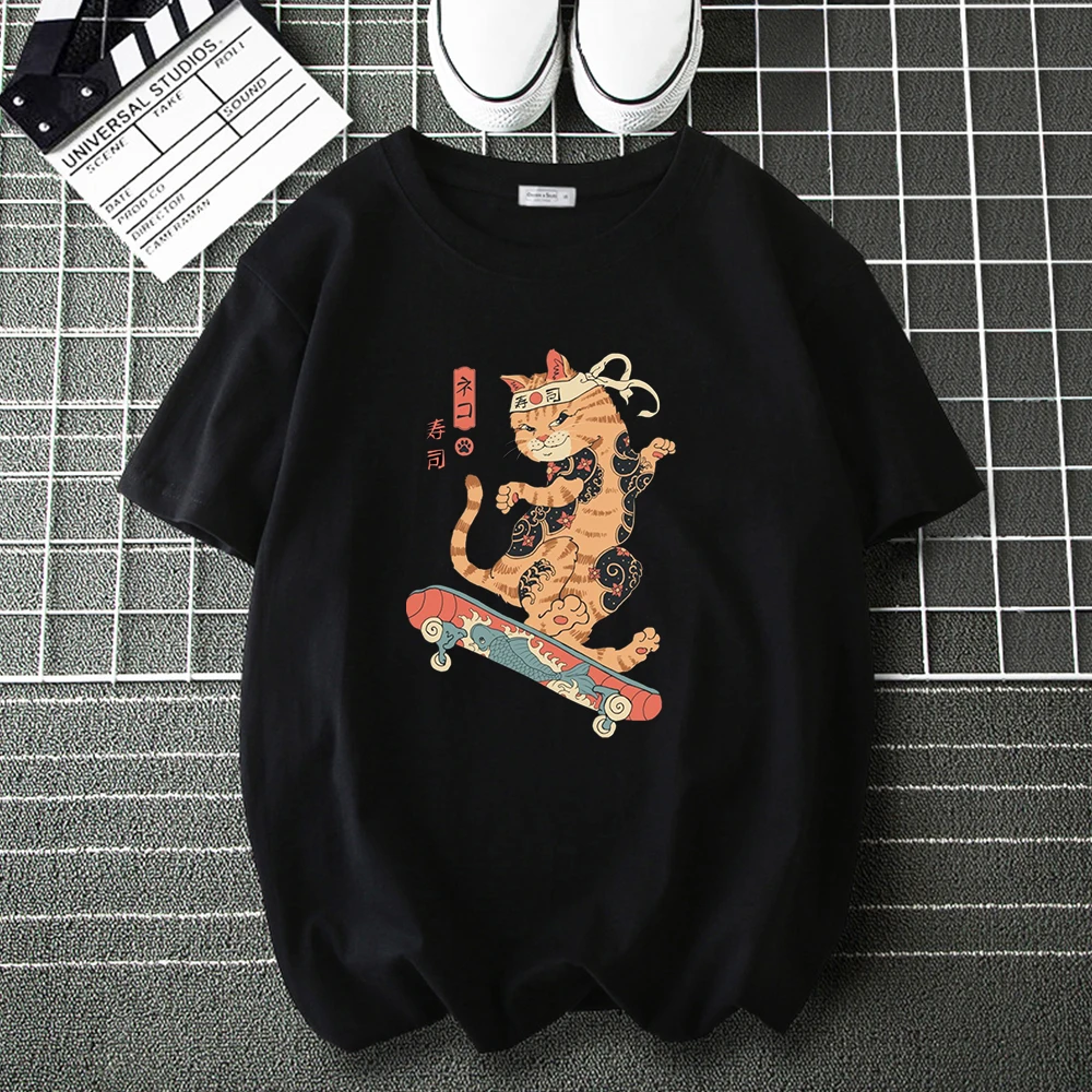 

Ninja Cat Neko Skateboard Anime Fashion T Shirt Tee Shirt for Men Woman Casual Loose Cartoon Tops Male Hip Hop Harajuku T-Shirts