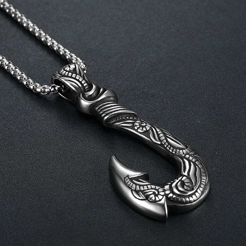 

New Retro Fish Hook Shape Shape Pendant Necklace Celtic Viking Jewelry Men's Necklace Metal Sliding Pendant Accessory Party Gift