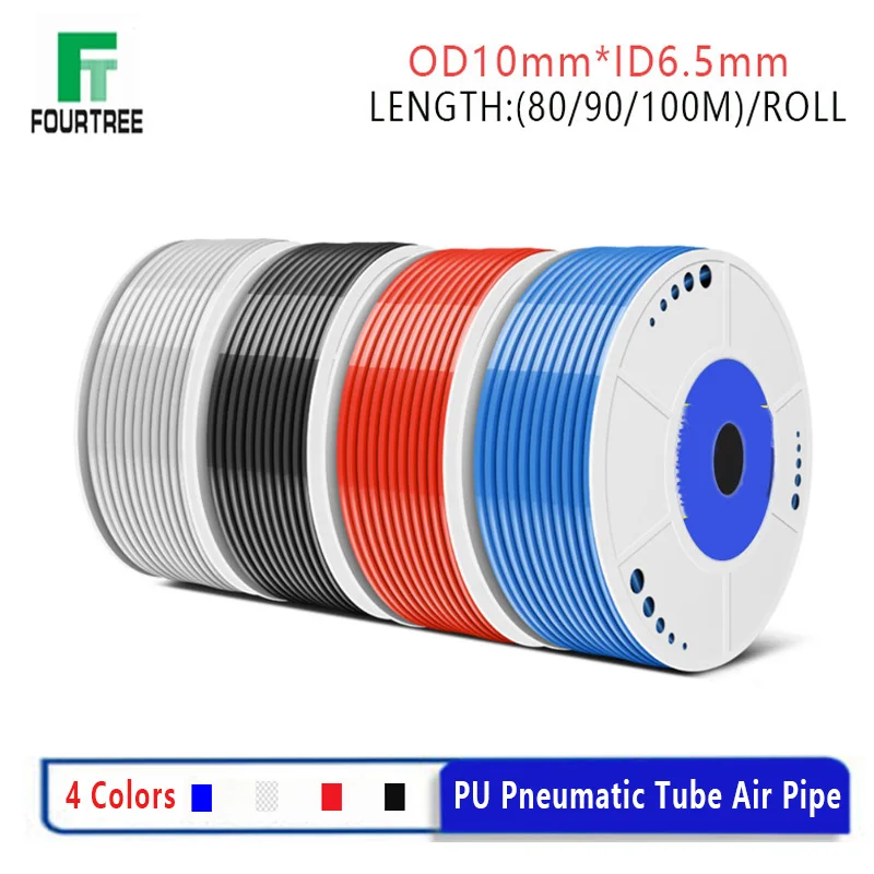 

80/90/100 Meters Roll OD10mm*ID6.5mm Pneumatic PU Hose Black Transport Red Blue Air Tube Component Pipe for Compressor