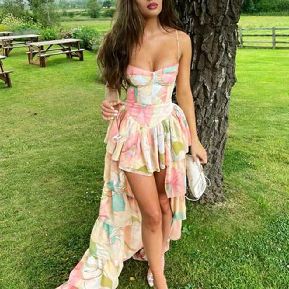 Женское платье в пол с каскадными оборками элегантное вечернее принтом лето 2021 |