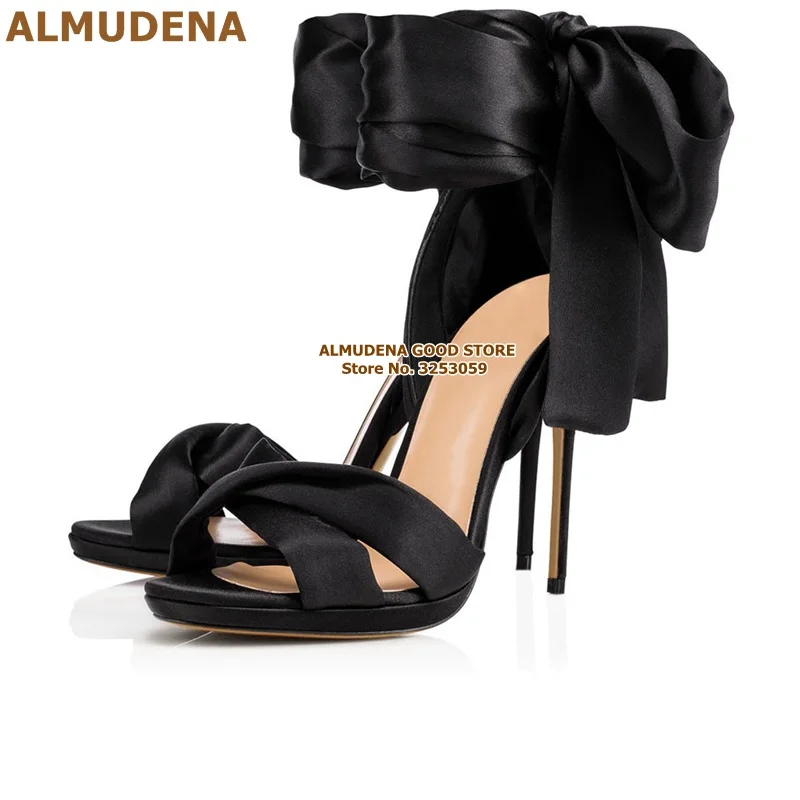 ALMUDENA/красные атласные босоножки с большим бантом; свадебные туфли на шпильке из шелковой ткани со шнуровкой и бантом; туфли-лодочки для сцены в стиле знаменитостей