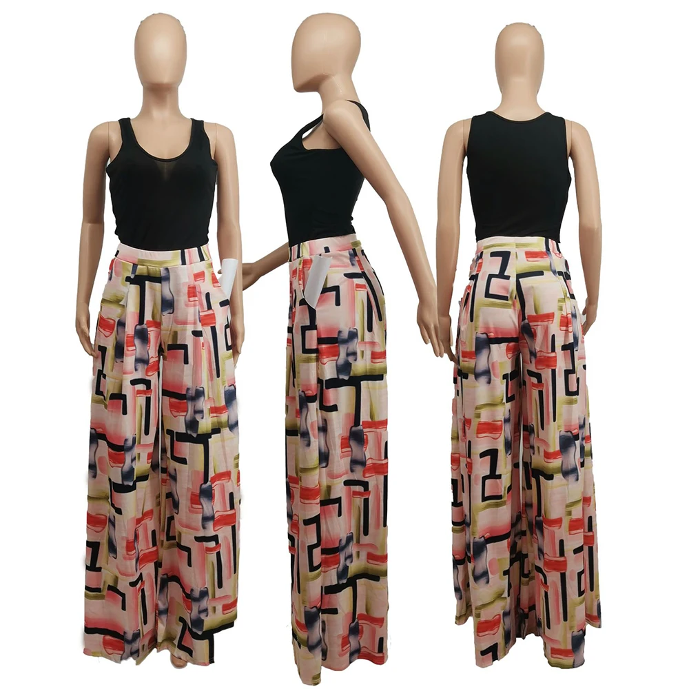 

Geometric Pattern Casual Wide Leg Trouser for Women Fashion High Waist Loose Boot Cut Pant Vintage Female Straight Capris 2021