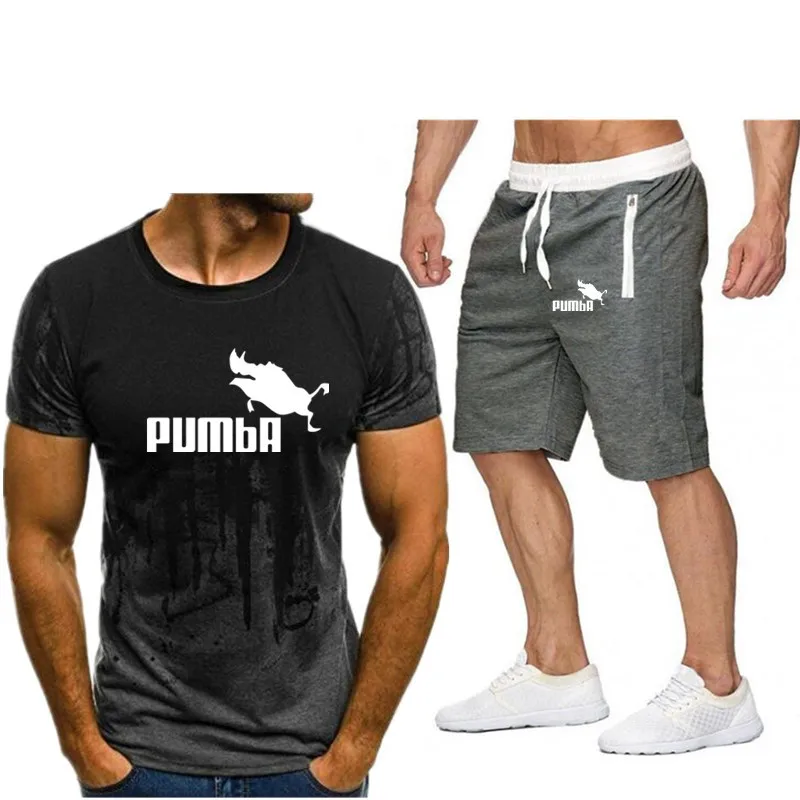 

Men Casual Set Fashion 2 PCS Sweat Suit Striped Short Sleeve T-shirt Pumba's new suit printed T shirt jogging men's summer suit