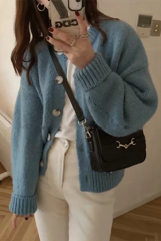 

2020 New Orange Mohair Sweater Women's Loose round Neck Padded Short Knitted Cardigan Jacket for Autumn and Winter