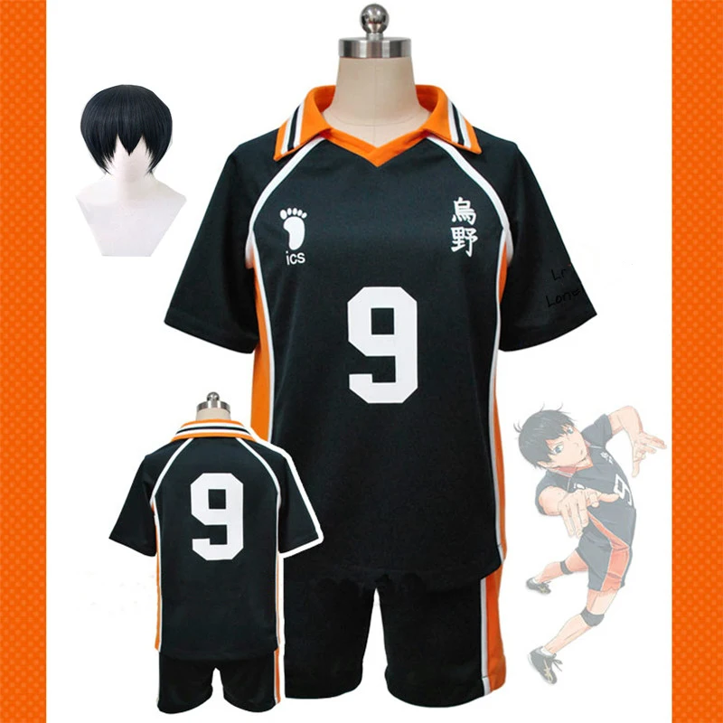 

Костюм для косплея Аниме Haikyuu Kageyama Tobio No.9 Karasuno, униформа для старшей школы, Волейбольного клуба, футболка + шорты, короткий черный парик