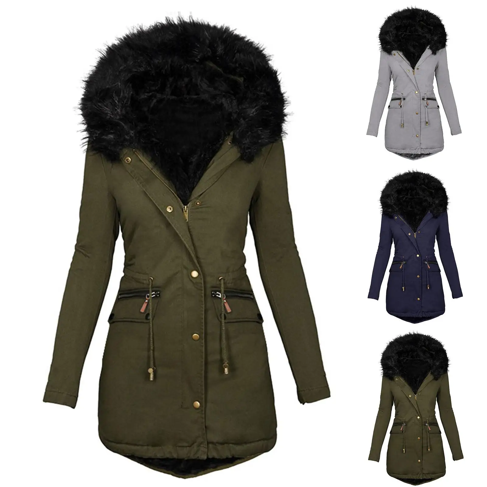 

New Stylish Women Winter Thicken Coat Cardigan Long Sleeve Faux Fur Hood Mid-length Warm Coat Parka Snow Outerwear