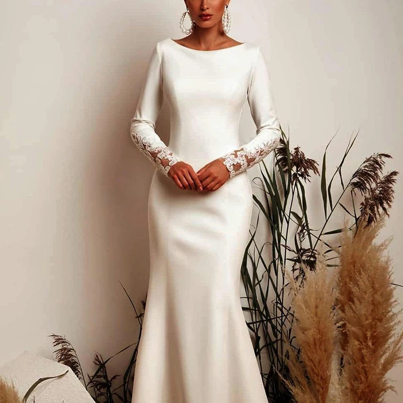 

Hot Sale Simple Ivory Long Sleeve Wedding Dresses for Bride Lace Mermaid Scoop Bridal Gowns Illusion Back Robe Mariee 2021