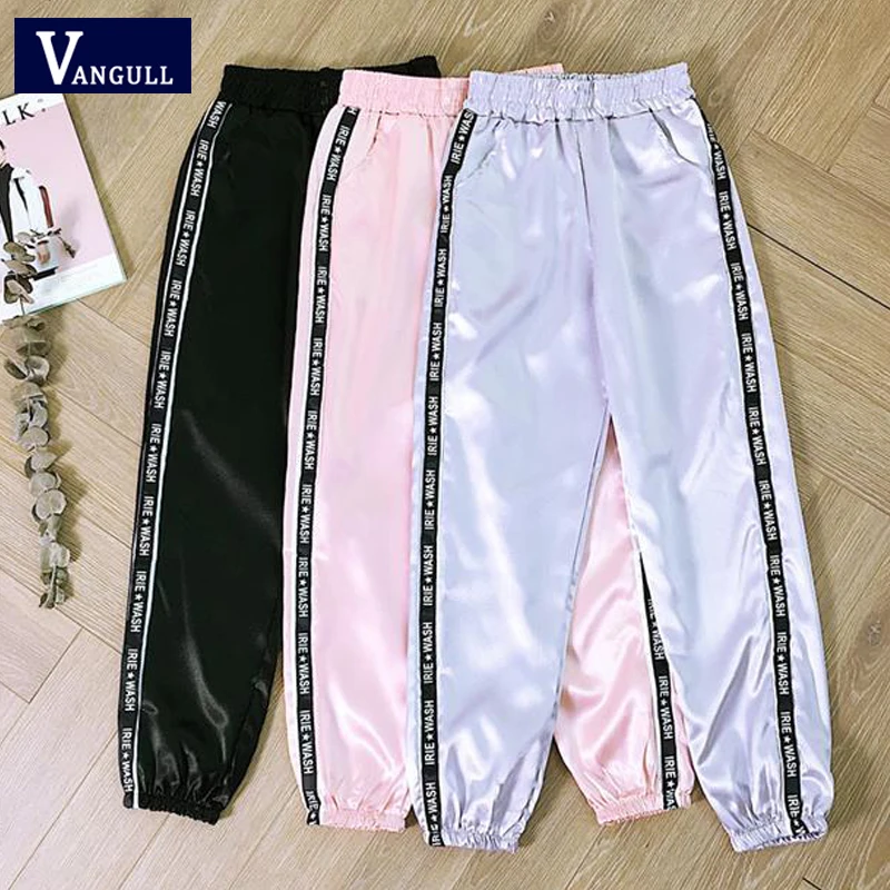 Vangull/атласные шаровары с большим карманом, Женские глянцевые брюки до щиколотки с лентой, BF Harajuku, женские спортивные штаны