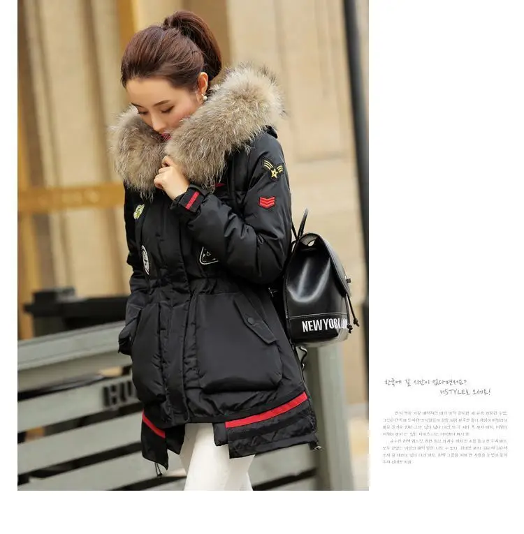 

Winter Jacket Women Parka White Duck Down Thick Hood Natural Pure Raccoon Fur Collar Outwear Coat Female 2XL LX10