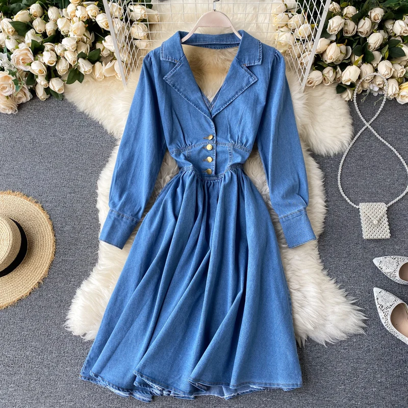 

Женское джинсовое платье с длинным рукавом, элегантное винтажное облегающее ТРАПЕЦИЕВИДНОЕ платье миди с V-образным вырезом, пуговицами и в...