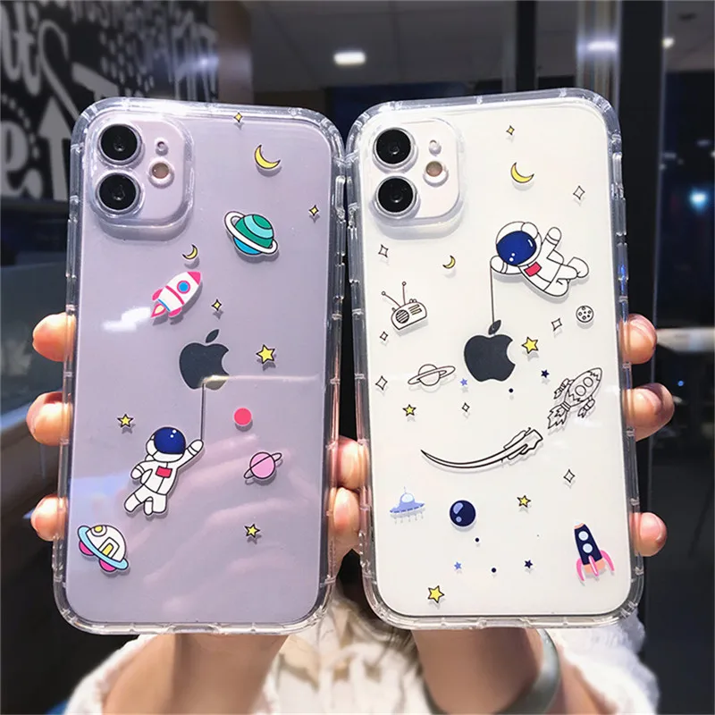 

Funny Cartoon Animal Space Phone Case For iPhone 11 12 Pro Max X XR Xs Max Shockproof Bumper Clear Cover For iPhone 7 8 Plus
