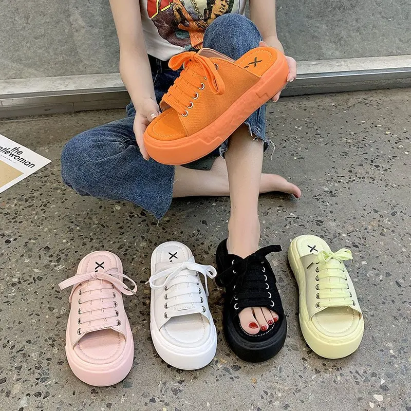 

Summer canvas slippers women's outer wear 2021 summer new muffin thick bottom net red lace cute ins tide sandals