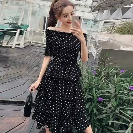 Summer Women Romantic Dress Sexy Slash Neck Bodycon Polka Dot Layered White Black Princess Ruffles Party Chic AE778 | Женская одежда