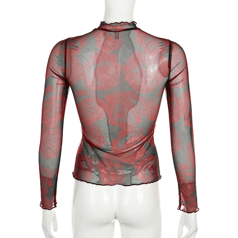 Сексуальная облегающая футболка с прозрачным принтом розы женская уличная