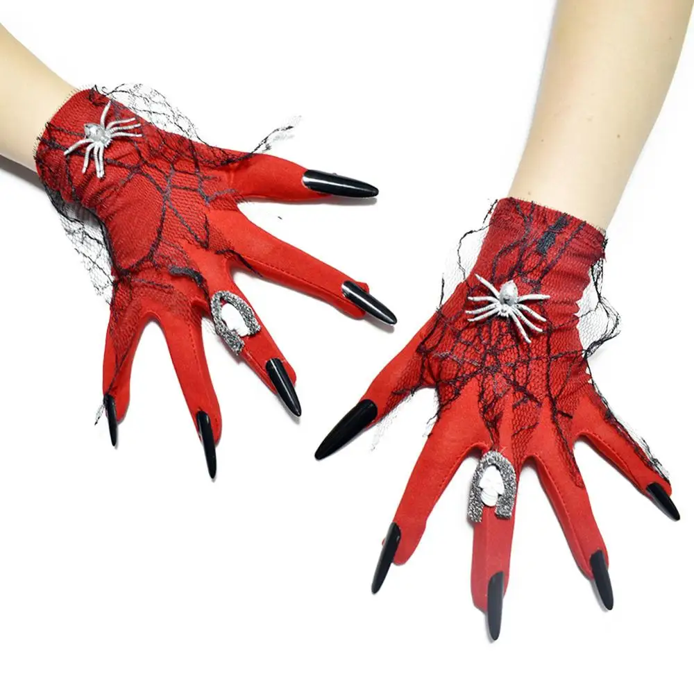 

Halloween Gloves Silk Satin Ghost Bride Caw Full Finger Gloves Dress Up Masquerade Party Cosplay Props