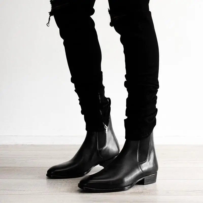 

Simple Men Black Low Heel Chelsea Boots PU Leather تشيلسي أحذية للرجال Челси (сапоги) Bottes De Chelsea Pour Hommes AQ509