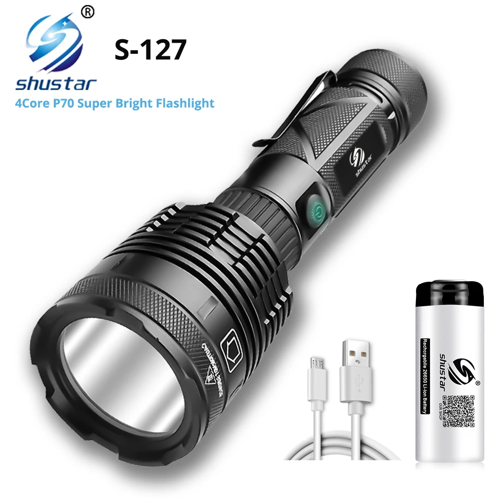 

4 Core P70 Super Bright LED Flashlight Outdoor waterproof portable lighting tool With Safety hammer tail Use 26650 battery