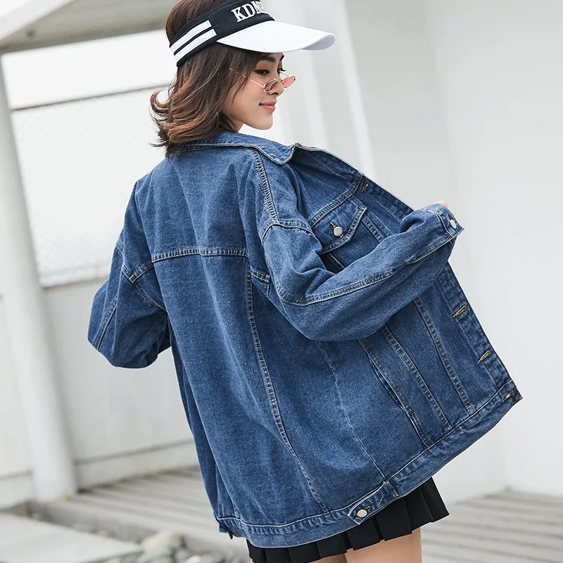 

Spring Solid Turn-down Collar Jean Jacket for Women Autumn Loose Casual Blue Fashion Women Coats Female Outerwear Denim Jacket
