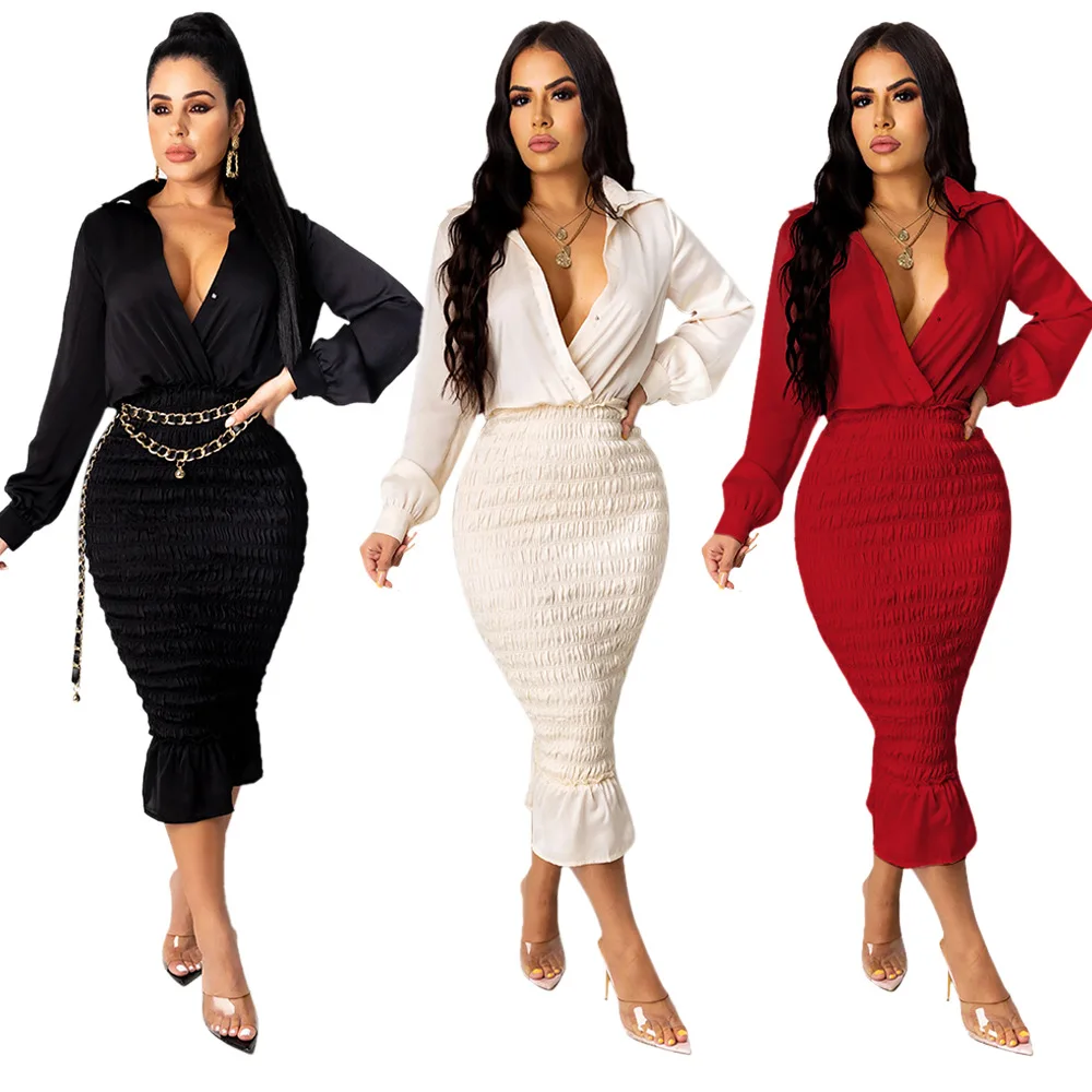 

2021Women's new V-Neck long sleeve slim dress nightclub skirt