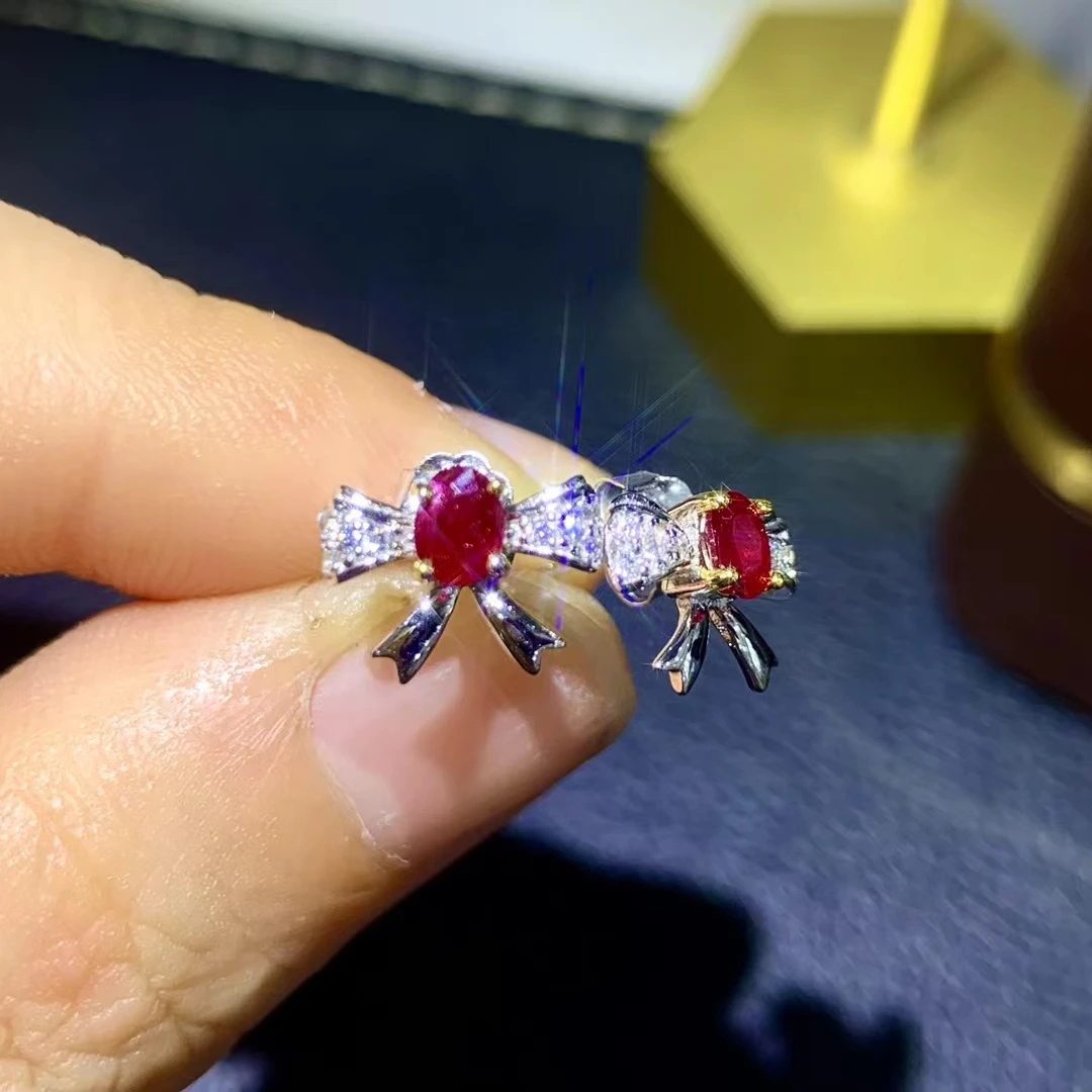 Fine Jewelry 925 Pure Silver Chinese Style Natural Ruby Girl Luxury Exquisite Fresh Bowknot Gemstone Earrings Ear Stud Support D