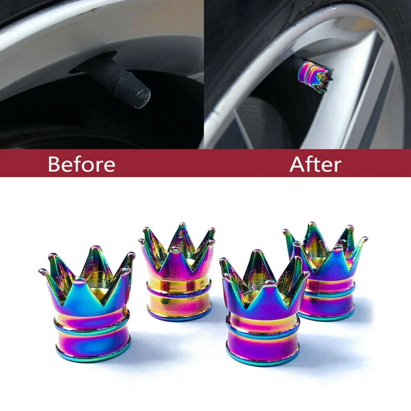 

4X Aluminum Neon Color Crown Car Wheel Tire Valve Stem Cap Tyre Air Anti Dust Caps