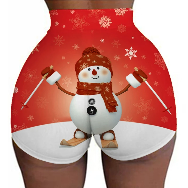 

X7XE Women Christmas High Waist Mini Shorts Funny 3D Print Hot Pants Booty Leggings